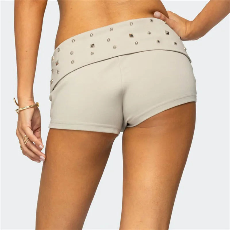 VacationGrabs Womens Y2k Grunge Mini Shorts Fold Over Low Rise Studded Rivet Rave Concert Club Punk Goth Micro Bottoms Streetwear
