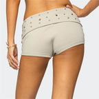 VacationGrabs Womens Y2k Grunge Mini Shorts Fold Over Low Rise Studded Rivet Rave Concert Club Punk Goth Micro Bottoms Streetwear