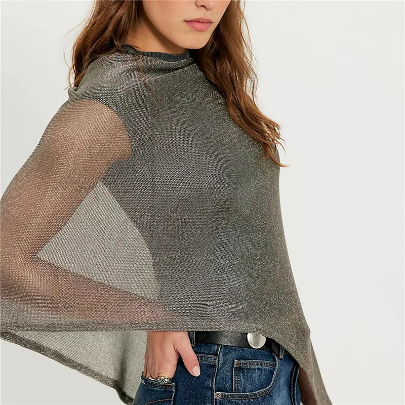 Womens Poncho Shawl Gold Metallic Knit Sheer Asymmetrical Poncho Loose Draped Silhouette Shimmer Cape Wrap Summer Beach Outfits