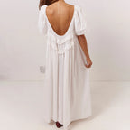 Fashion Women Boho Long Dress Elegant Ladies Summer Short Sleeve Low-cut Backless Solid/Plaid Loose Swing Dress Vintage