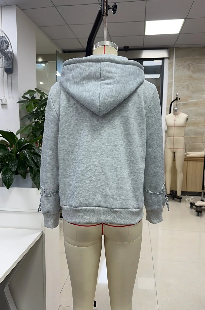 VacationGrabs Y2K Women Structured Shoulder Zip Hoodie 3D Rope Embroidery Braid Trim Jacket Street Fashion Casual Winter Hooded Coat