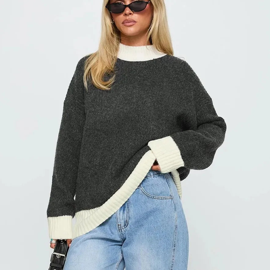 VacationGrabs Casual Autumn Winter Women Sweater Korean Fashion Color Patchwork Solid O-Neck Loose Long Sleeve Pullovers Knitted Tops
