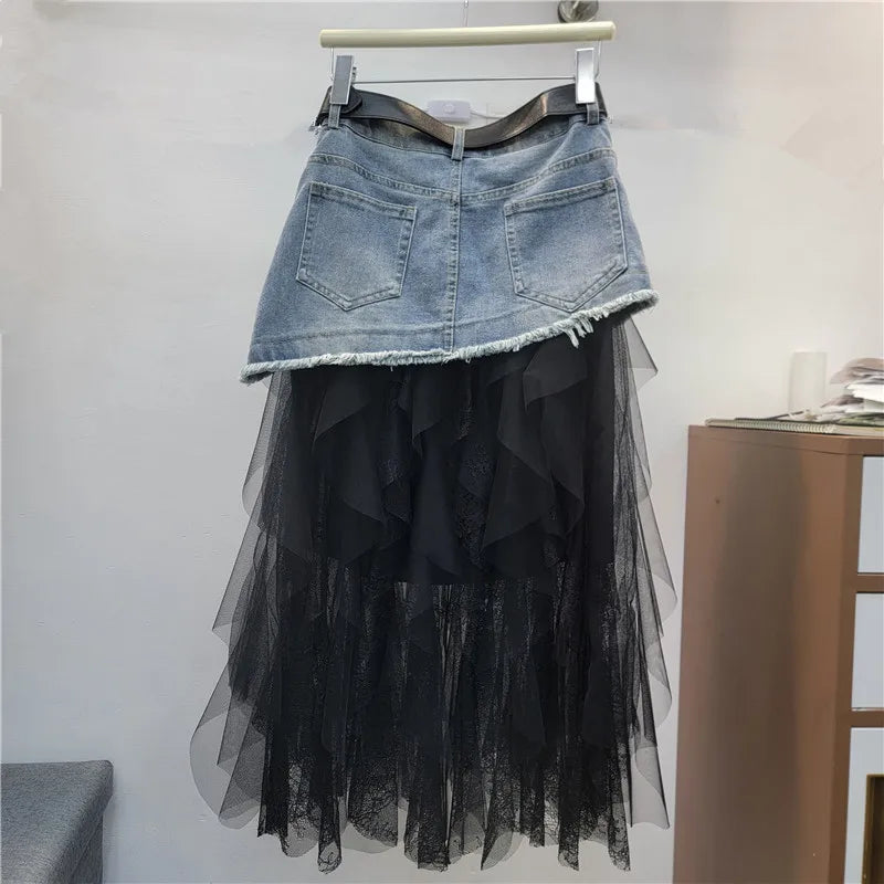 Women's Skirts Mesh A-line High Waist Long Irregular Denim Skirt