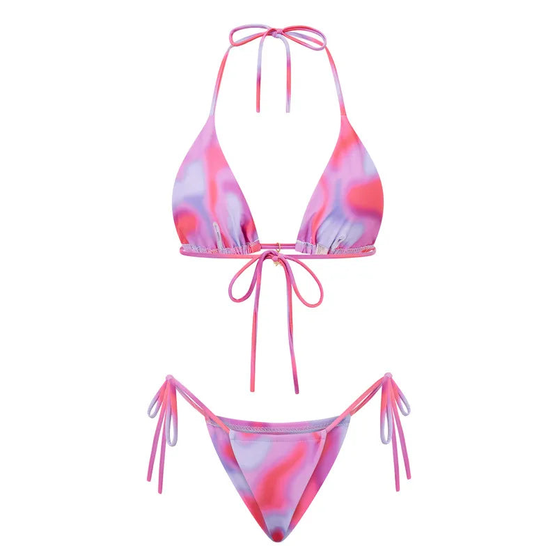 VacationGrabs Women 2 Pieces Bikini Swimsuit Spaghetti Strap Top Tie Side Triangle G-Thong Bathing Suit Beach Holiday Swimwear