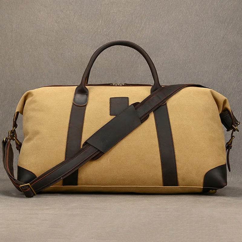 Canvas & Leather Travel Bag for Men Large Shoulder Weekender Bag - VacationGrabs
