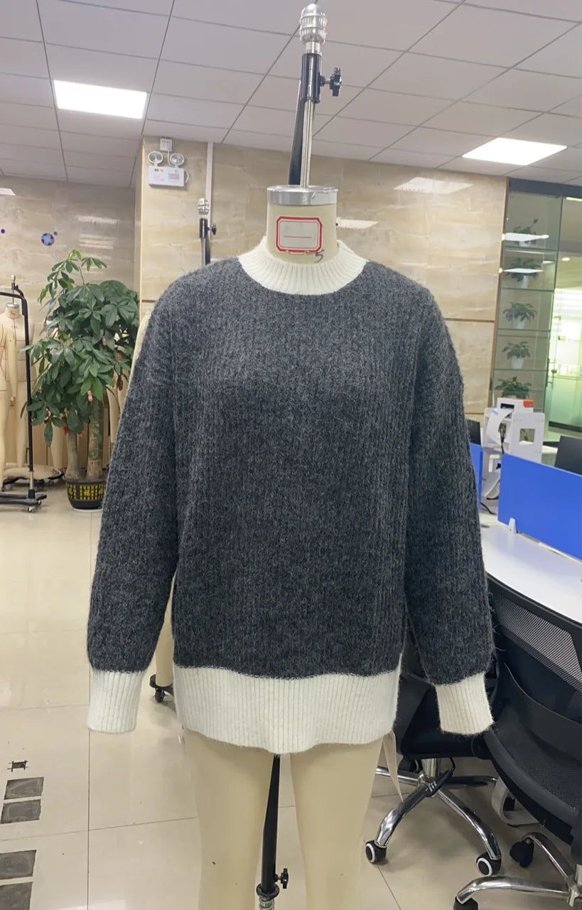 VacationGrabs Casual Autumn Winter Women Sweater Korean Fashion Color Patchwork Solid O-Neck Loose Long Sleeve Pullovers Knitted Tops