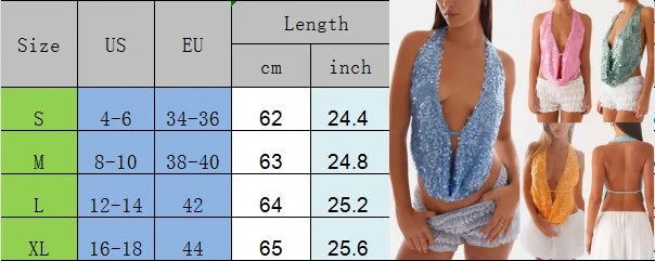 VacationGrabs Sequin Halter Top for Women Sexy Sleeveless Deep V Neck Backless Glitter Tank Top Night Out