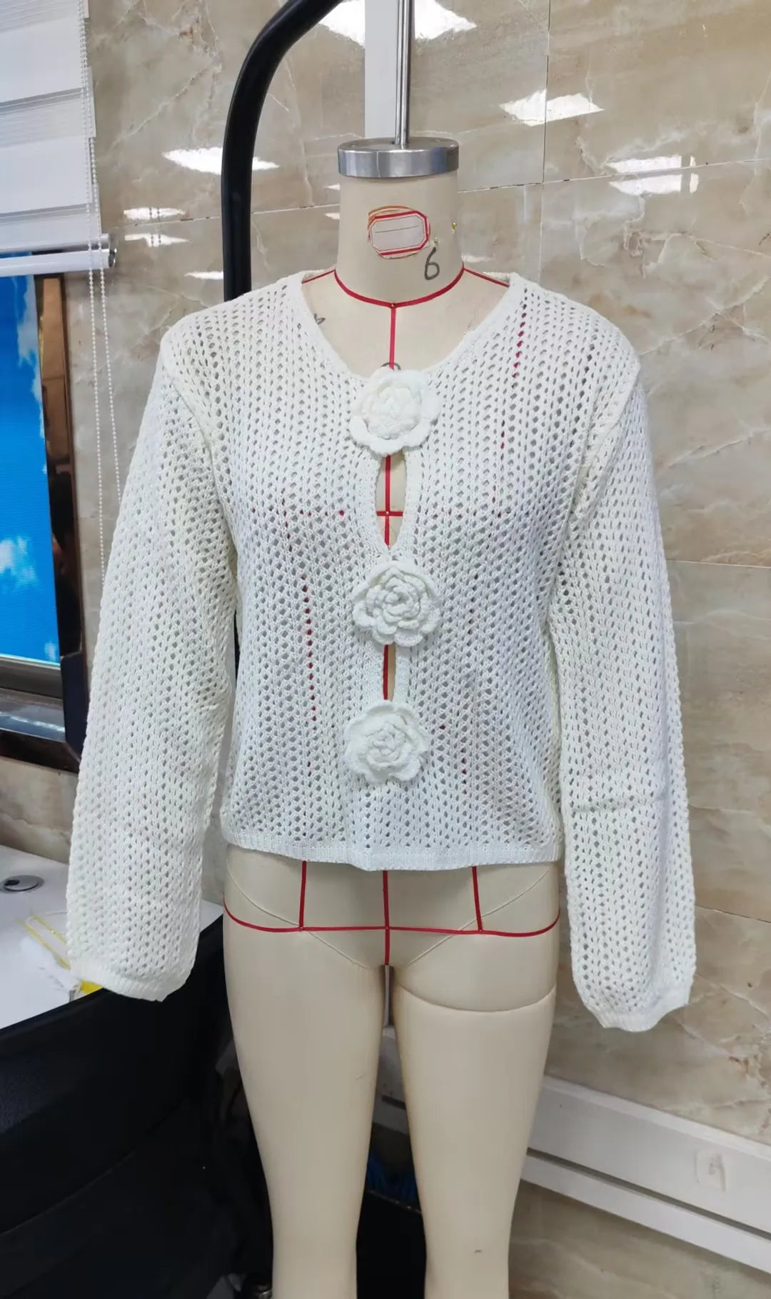 VacationGrabs 3D Floral Crochet Mesh Top Women Hollow See Through Flare Sleeve Keyhole Rose Button Cropped Knit Blouse Travel Dating
