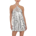 VacationGrabs Women Halter Backless Sequin Mini Dress Glitter Paillette Tie Up Short Dress Club Party Sparkly Cocktail Evening Dresses