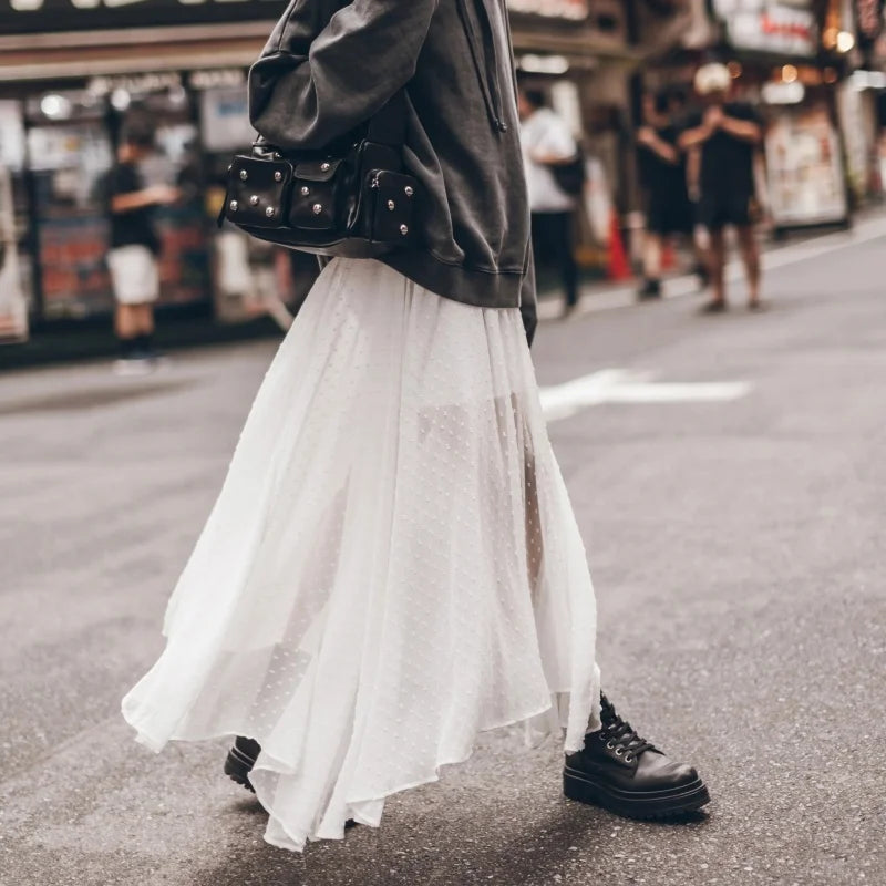 VacationGrabs Fashion Women Sheer Skirt Y2K Polka Dot Ankle Length Long Sheer Skirt Summer Spring Casual Party Wear High Waist Skirt