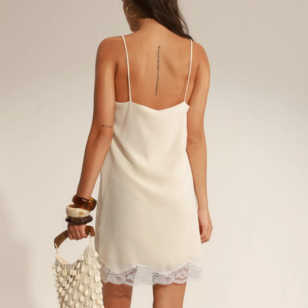 Women's Summer Mini Cami Dress Y2K Sleeveless Lace Patchwork V Neck Spaghetti Strap Short Dress Vintage Beach Sundress