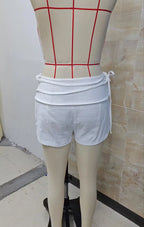 VacationGrabs Summer Vacation Low Waist Shorts Women Fold Over Waistband Side Tie Ruched Striped Solid Casual Beach Mini Short Pants