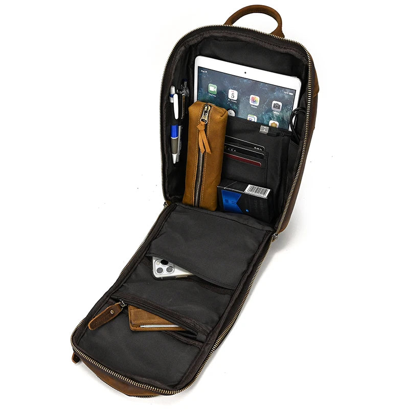 Men's Genuine Leather Chest Sling Bag with USB Charging Port