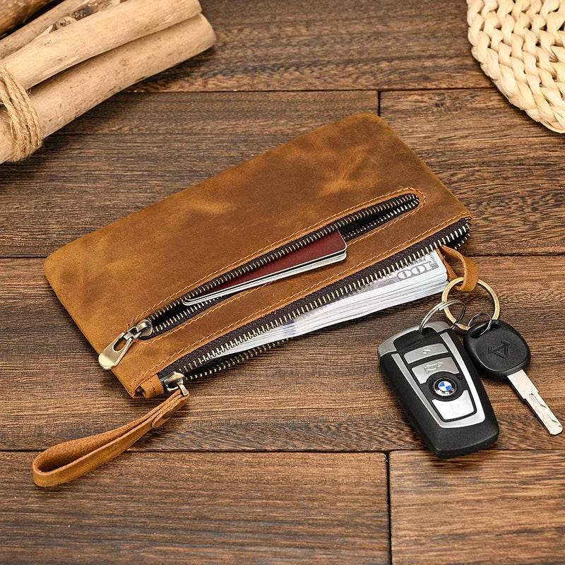 Crazy Horse Leather Zipper Wallet with Key Chain for Coins & Cards - VacationGrabs