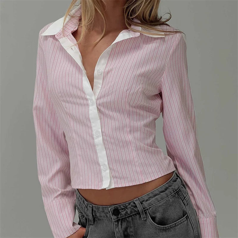 VacationGrabs Fashion Women Striped Shirt Long Sleeve Shirt Button-down Elegant Ladies Blouse Fall Spring Work Out Tops Casual Daily
