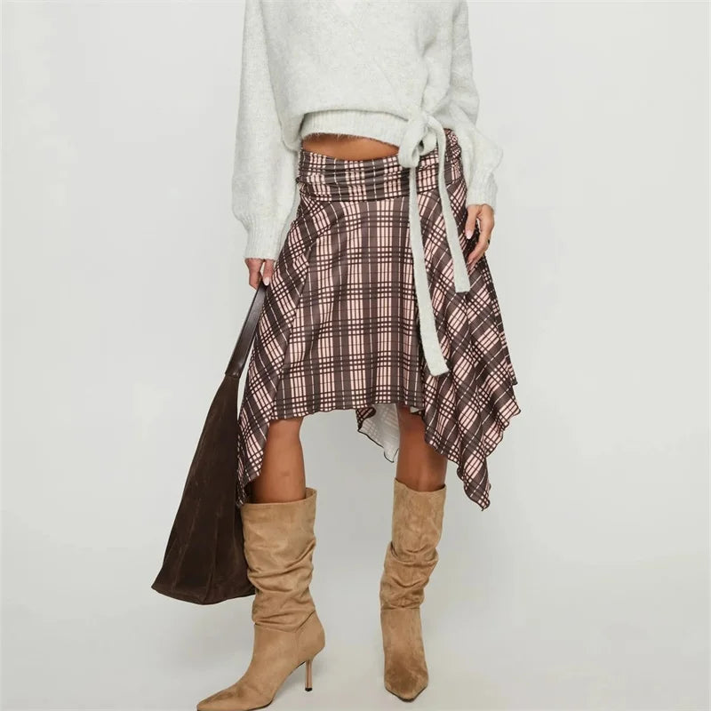 Summer Irregular Skirt Y2k Harajuku Aesthetic Streetwear Vintage Plaid Midi Skirt Women Sexy Low Waist Short Skirts
