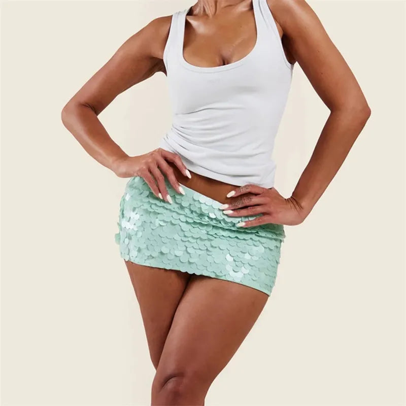 VacationGrabs Sexy Women Sequin Mini Bodycon Skirt Chic Ladies Low Waist Sparkly Short Skirt Trendy Summer Party Club Streetwear