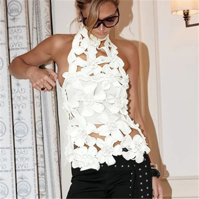 VacationGrabs Women Hollow Out Floral Halter Top Embroidered Backless Mock Neck Tank Top Y2K Coquette Crop Tops Streewear