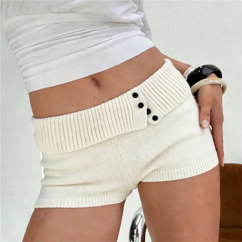 VacationGrabs Stylish Button Decor Ribbed Trim Foldover Mid Rise Shorts Women Knit Crochet Micro Shorts Casual Slim Fit Y2K Streetwear