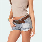 VacationGrabs Womens Low Waist Distressed Denim Shorts Frayed Raw Hem Ripped Jeans Shorts with Inner Layer Casual Streetwear Hot Pants