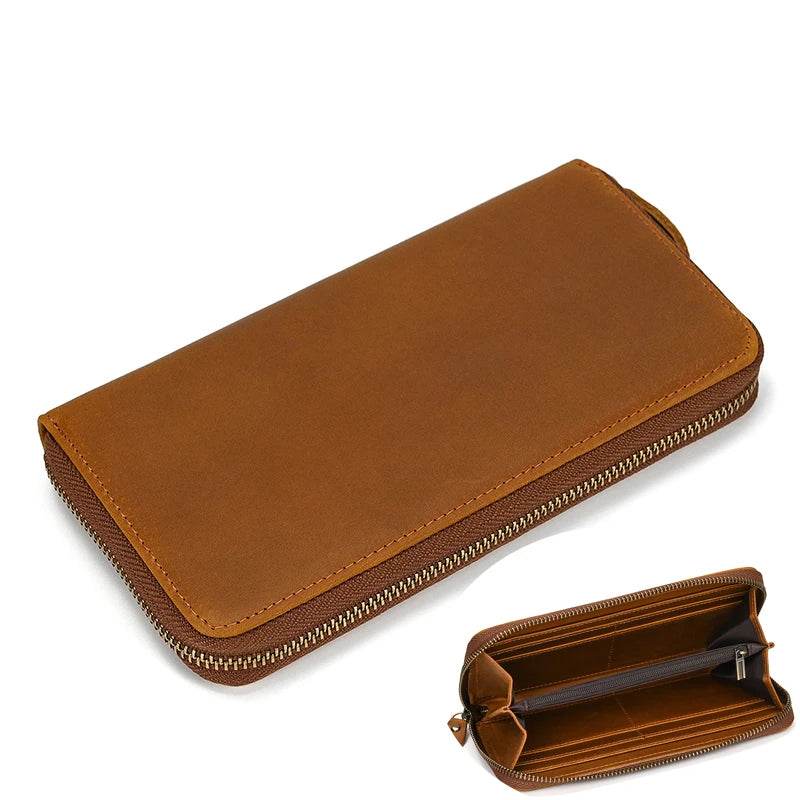 Retro Crazy Horse Leather Double Zipper Wallet for Men & Women - VacationGrabs