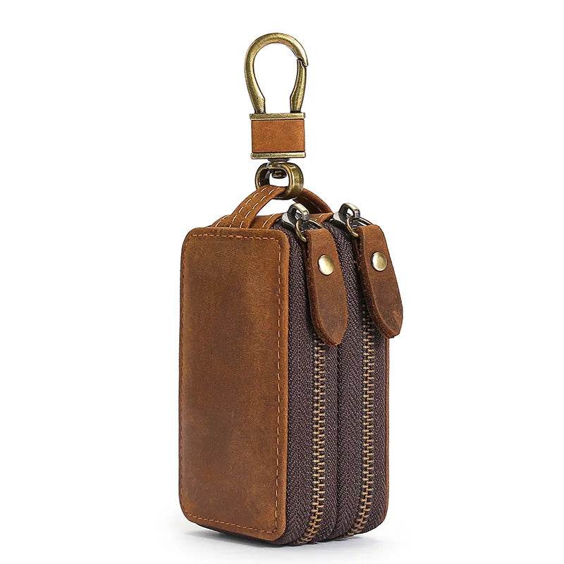 Crazy Horse Leather Double Zipper Key Chain Bag for Car/Home Keys - VacationGrabs