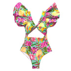 Ruffle Print Floral One Piece Slimming Swimwear - VacationGrabs