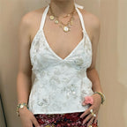 Sequin Flower Halter Vests Women's Summer Chic Backless Bandage Sleeveless Tank Tops Slim Fit V-Neck Crop Tops Streetwear