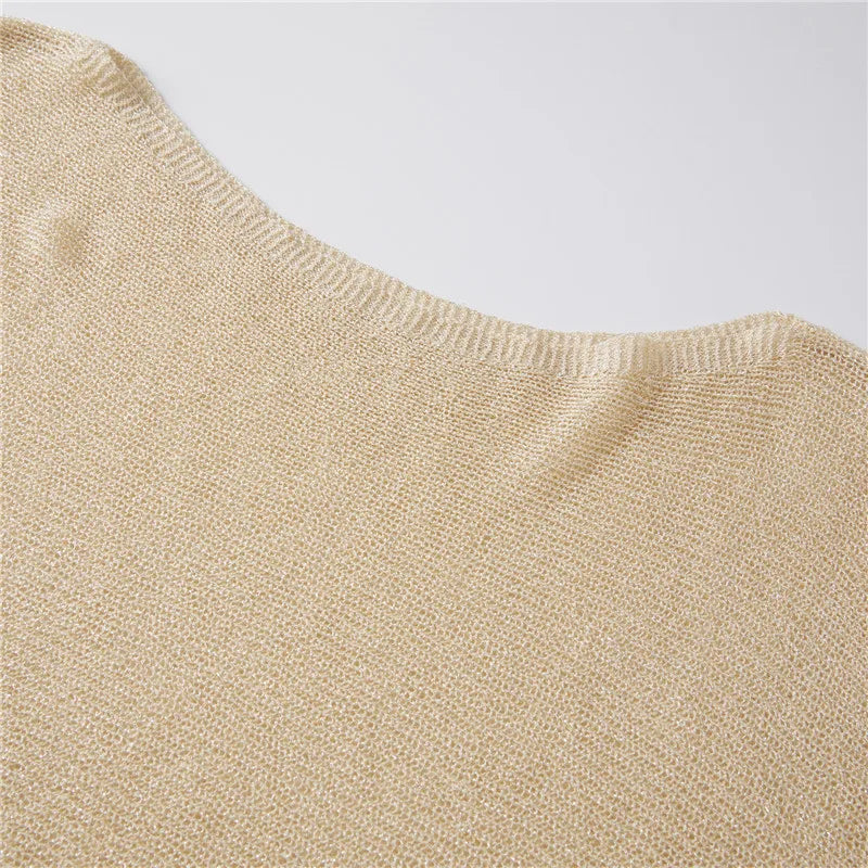 VacationGrabs Women Knit Poncho Top One Shoulder Asymmetric Irregular Hanky Hem Sheer See Through Batwing Cover Up Summer Beachwear