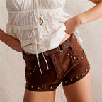 VacationGrabs Y2K Vintage Rivet Faux Suede Micro Shorts Women Low Waist Slim Skinny Hot Pants Retro Streetwear Club Night Mini Shorts
