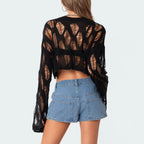 VacationGrabs Women Knit Hollow Out Sweater Long Sleeve Crew Neck Ribbed Solid Pullover Crop Top Winter Fall Y2K Vintage Streetwear