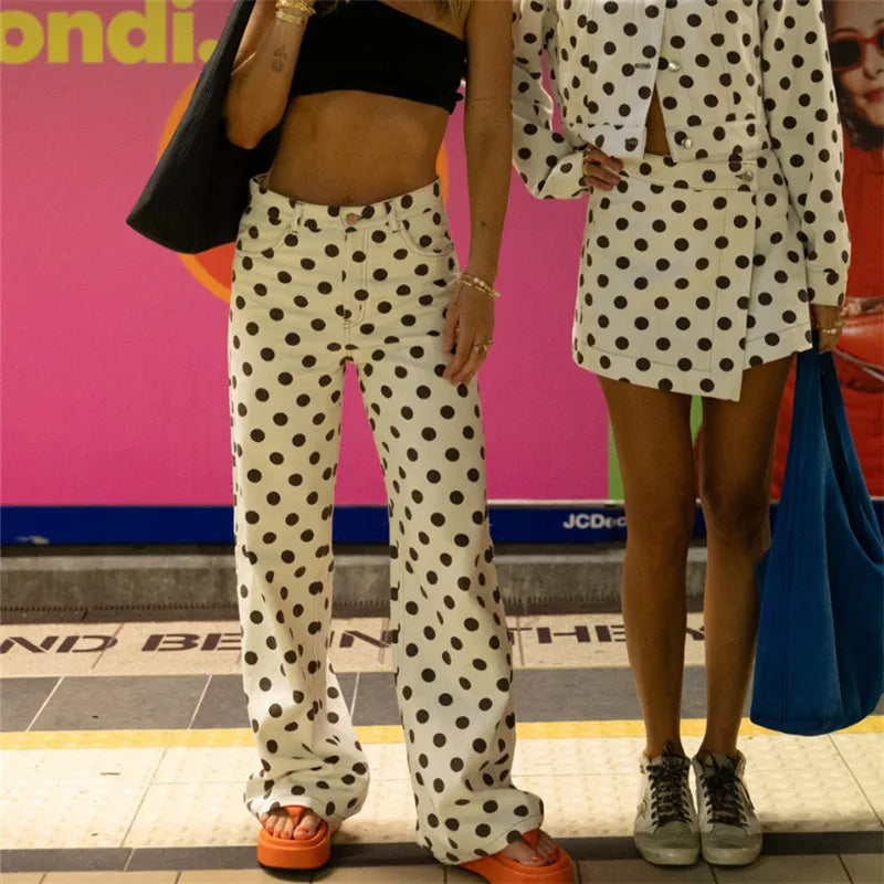 VacationGrabs Vintage American Polka Dot High Waisted Wide Leg Jeans for Women Retro Straight Leg Denim Pants Casual Streetwear
