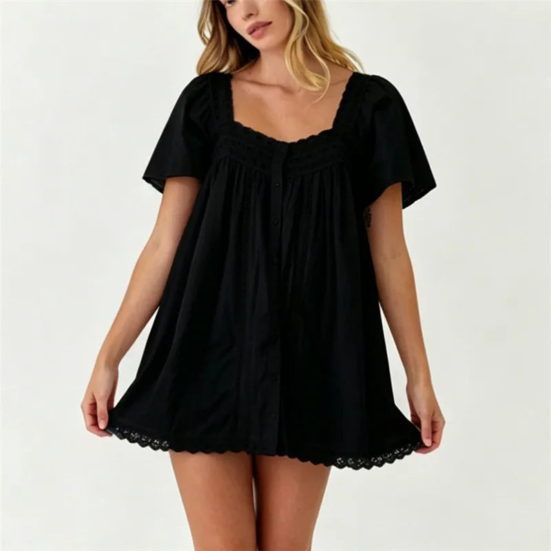 VacationGrabs Square Neck Eyelet Lace Mini Dress Women Flutter Short Sleeve Front Button Pleated Loose Babydoll Summer Vacation Dress