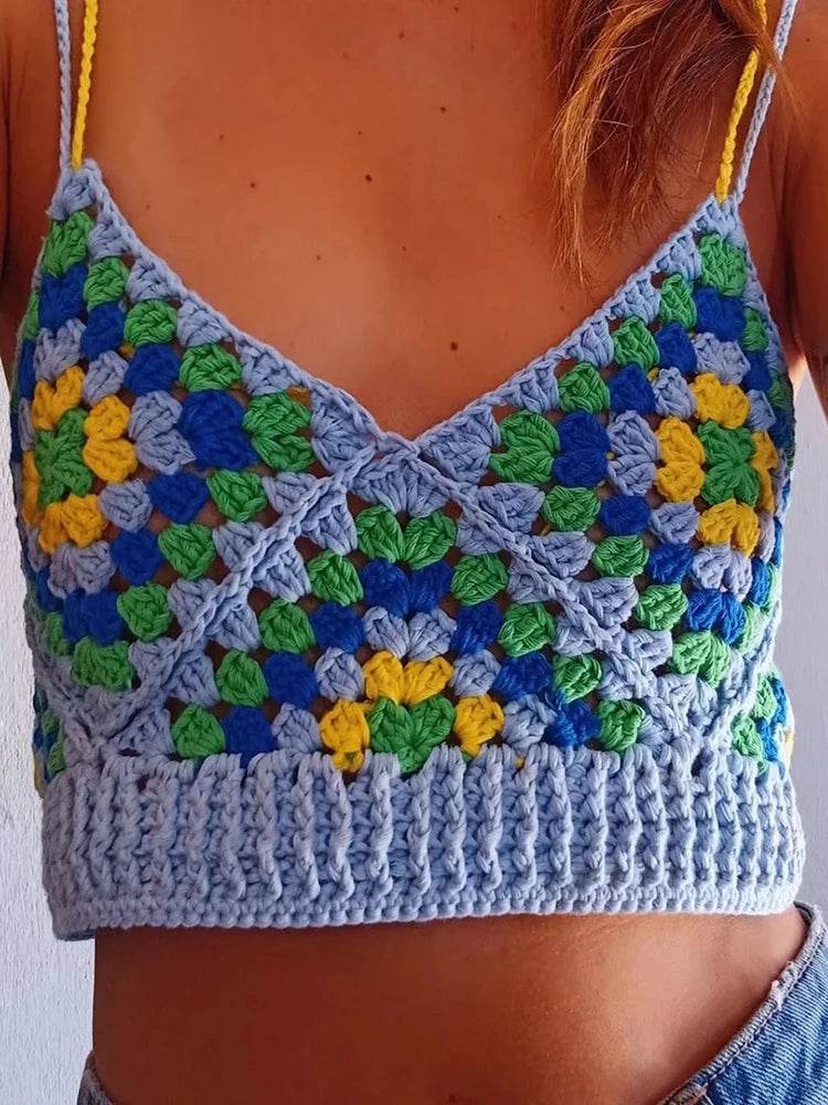 Boho Crochet Cropped Camis Tank Top Handmade Knittted - VacationGrabs