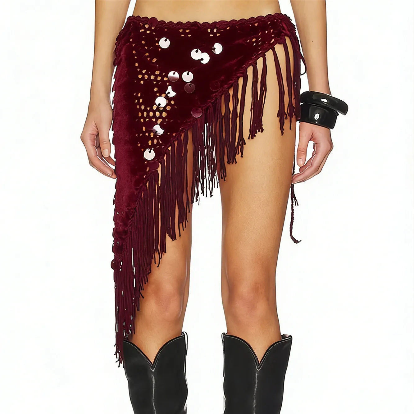 VacationGrabs Women Boho Handmade Crochet Sequin Fringe Wrap Skirt Asymmetrical Tassel Beach Cover Up Summer Festival Streetwear