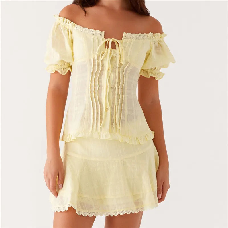 Y2k Preppy 2 Piece Skirts Set Ruched Off Shoulder Button Up Tie Front Crop Top with Mini Skirt Vintage Sweet Girl Streetwear