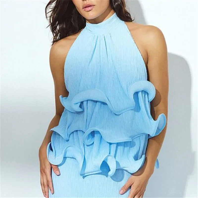 VacationGrabs Women Halter Ruffle Crop Top Backless Tie Sleeveless Textured Blouse Y2K Aesthetic Daily Wear Party Summer Streetwear