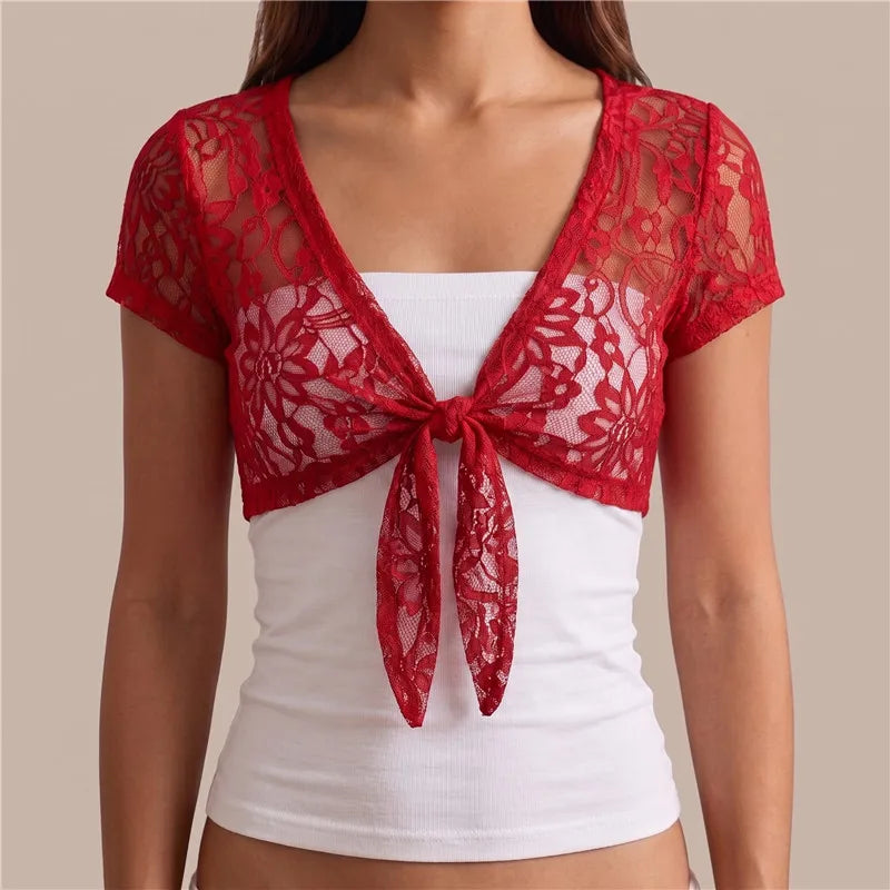 VacationGrabs Y2K Women Sheer Floral Lace Shrug Short Sleeve Front Tie Knot Cropped Bolero Top Summer Beach Party Cover Up Shawl
