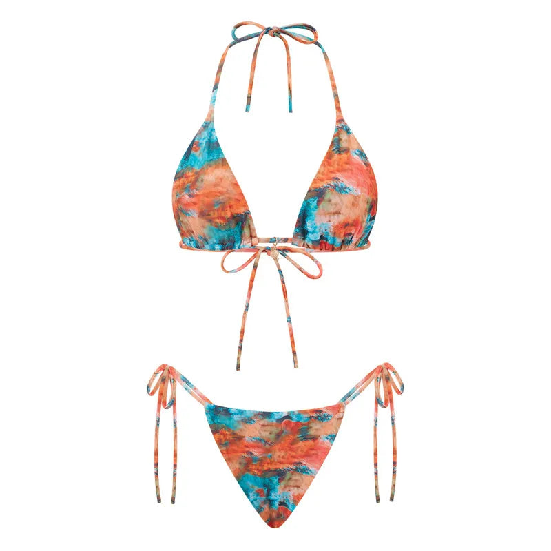 VacationGrabs Women 2 Pieces Bikini Swimsuit Spaghetti Strap Top Tie Side Triangle G-Thong Bathing Suit Beach Holiday Swimwear