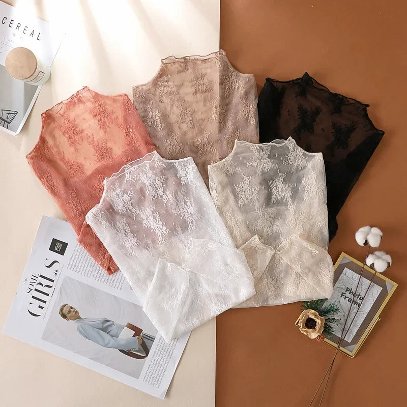 Floral Lace Layering Shirt Long Sleeve See Thru Mesh