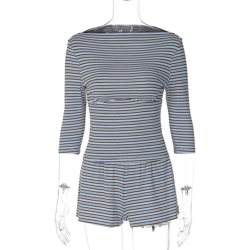 VacationGrabs Women Y2K Striped Two Piece Set Boat Neck 3 4 Sleeve Crop Top with Shorts Slim Fit Casual Daily Street Matching Outfit