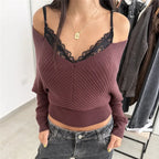 VacationGrabs Women Off Shoulder Lace Trim Knit Top V Neck Batwing Long Sleeve Ribbed Cropped Pullover Casual Fall Streetwear Sweater