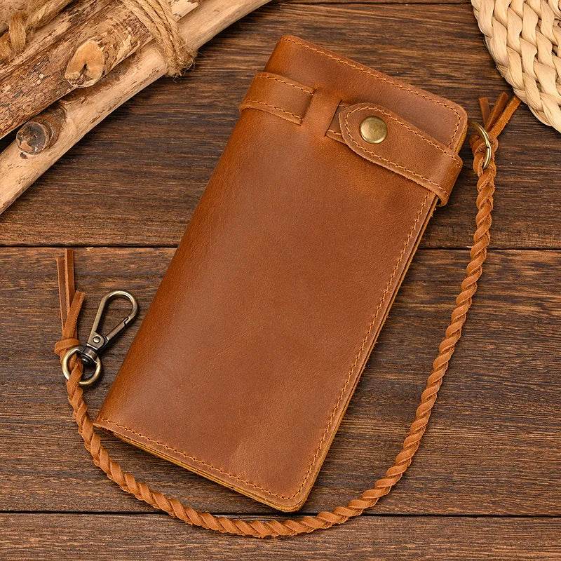 Genuine Leather Long Wallet with Wrist Belt Strap Chain Wallet Gift - VacationGrabs