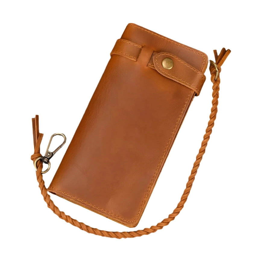 Fashionable Leather Long Wallet with Braided Strap and Coin Inner Zipper - VacationGrabs
