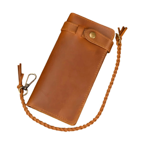 Fashionable Leather Long Wallet with Braided Strap and Coin Inner Zipper - VacationGrabs