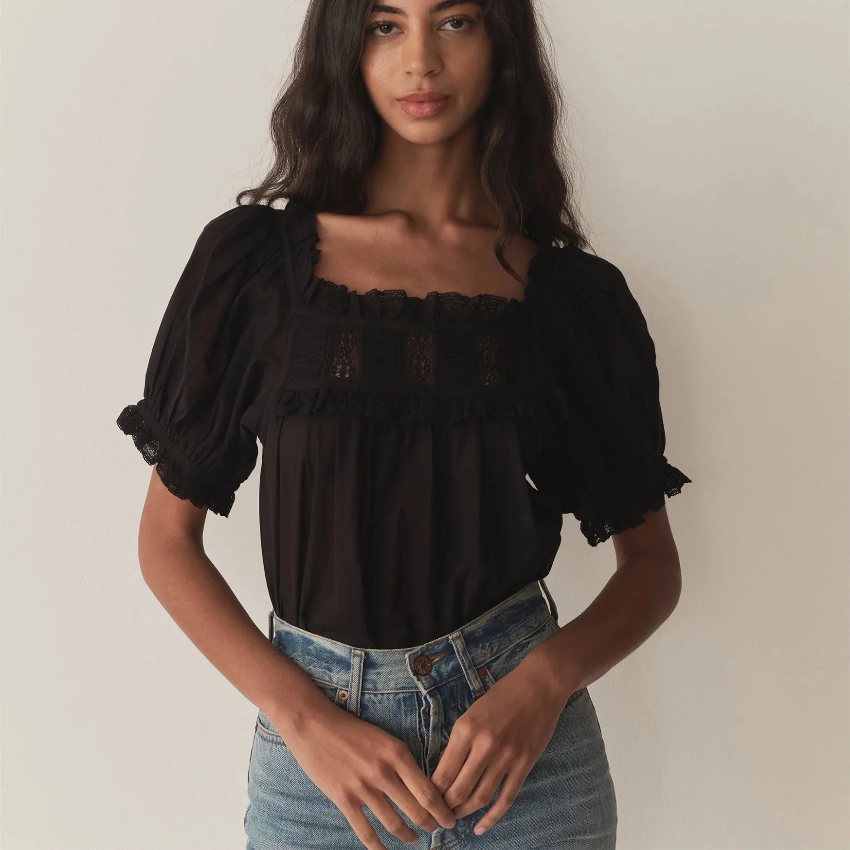 Women Cute Babydoll Puff Sleeve Tshirt Fairycore Ruffle Frill Lace Trim Semi Sheer Pleated Peplum Shirt Boho Beachy Top