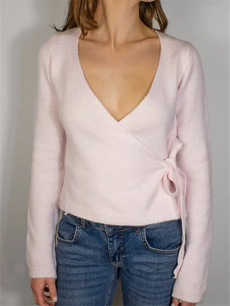 VacationGrabs Women Y2K Wrap Cardigan Fairy V Neck Side Tie Long Sleeve Loose Fit Crop Sweater Top Preppy Fall Winter Knitwear
