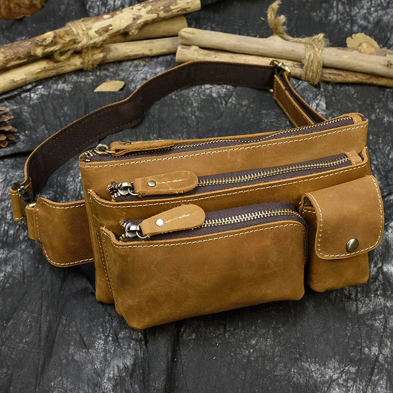 Newsbirds Genuine Leather Waist Bag Real Cowskin Leather Belt Pouch Mulit Pockets Leather Waist Packs Vintage Men's Fanny Pack