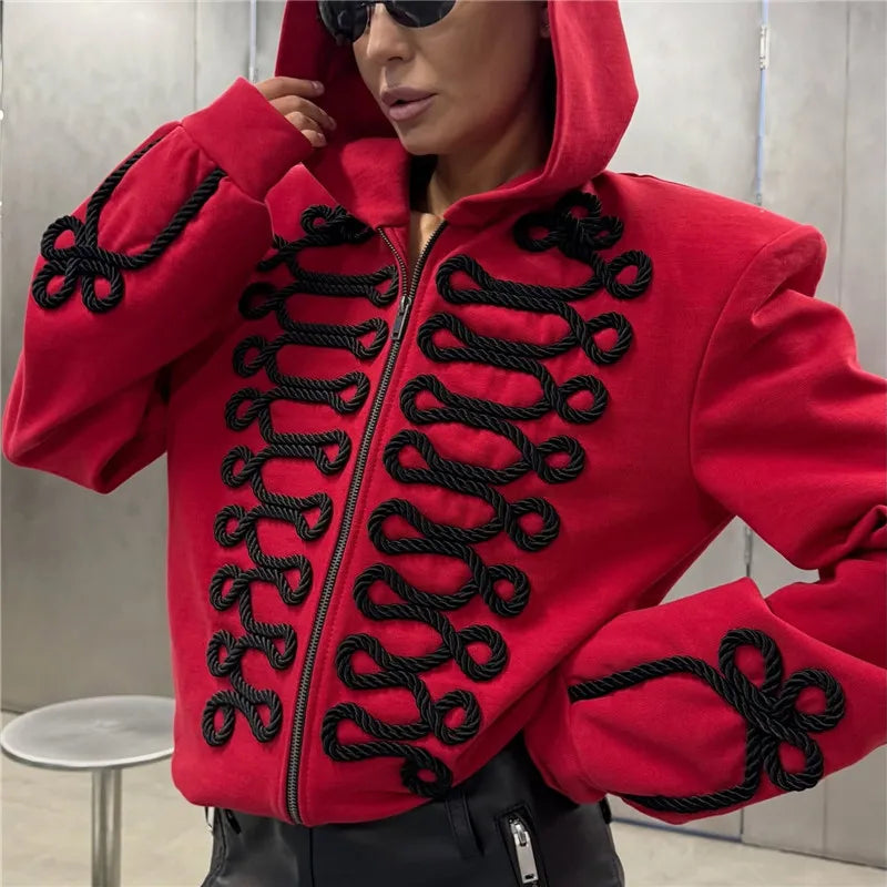 VacationGrabs Y2K Women Structured Shoulder Zip Hoodie 3D Rope Embroidery Braid Trim Jacket Street Fashion Casual Winter Hooded Coat