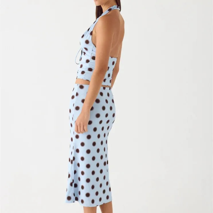 Coquette Blue Polka Dot 2 Piece Set Women Halter Crop Top + Midi Skirt Y2K Aesthetic Tie Front Sleeveless Backless Summer Outfit